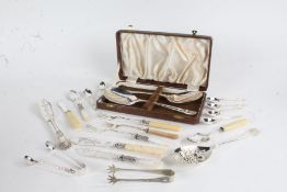 Plated flatware to include cased pair of serving spoons, pickle forks, preserve spoons, sugar tongs,