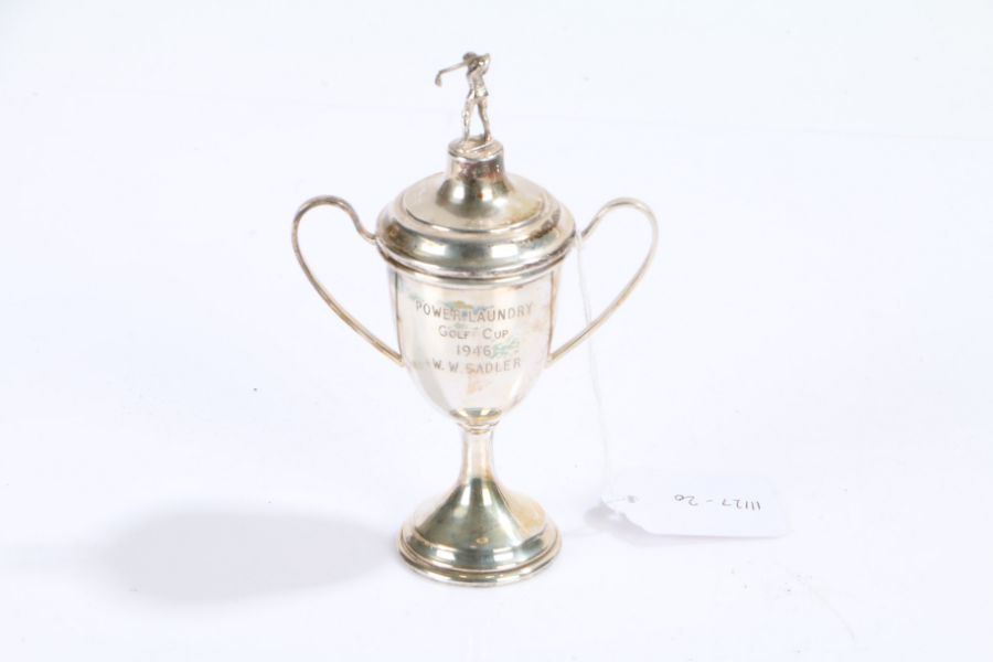 George VI silver twin handled golf trophy and cover, Birmingham 1948, maker A L Davenport Ltd, the