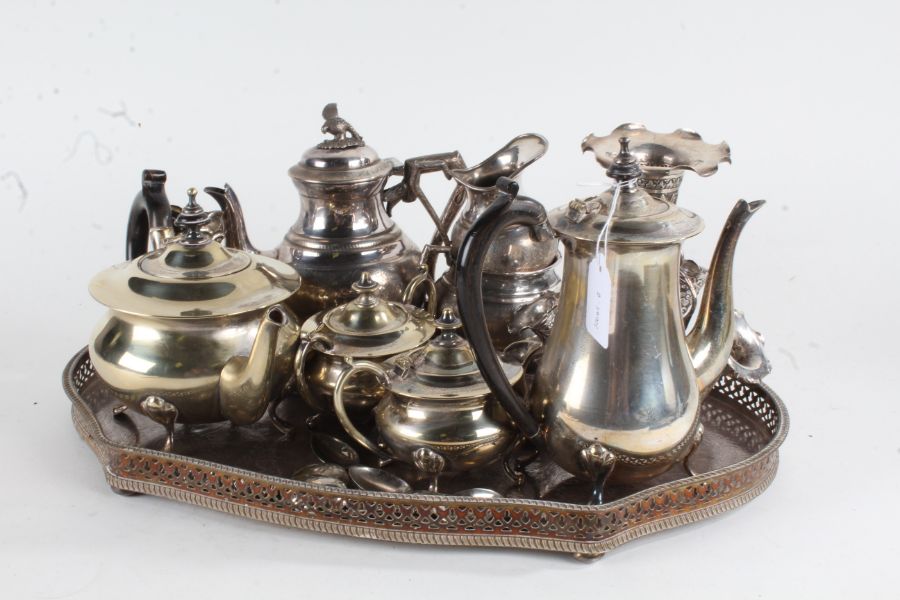 Silver plated ware to include epergne, Art Nouveau style spill vase, three piece coffee set, four