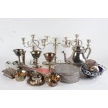 Silver plated ware, to include salvers, candelabra, bottle coasters, dressing table brushes, cased