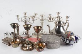 Silver plated ware, to include salvers, candelabra, bottle coasters, dressing table brushes, cased