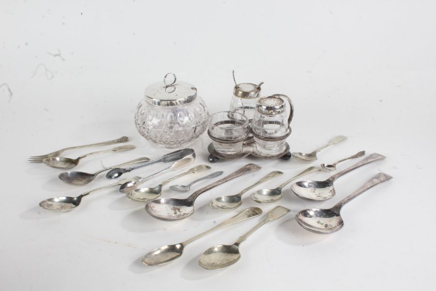 Silver plated ware, to include cruet frame with three barrel form bottles, preserve pot and cover