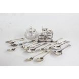 Silver plated ware, to include cruet frame with three barrel form bottles, preserve pot and cover