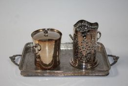 Plated twin handled tray with pierced gallery, plated bottle holder, plated "Thermo" ice bucket