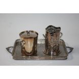 Plated twin handled tray with pierced gallery, plated bottle holder, plated "Thermo" ice bucket