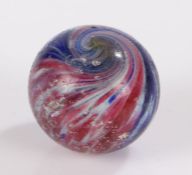 Large 19th Century glass marble, Indian or Onionskin, in blue, white, yellow and red, 37mm diameter