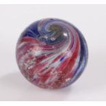 Large 19th Century glass marble, Indian or Onionskin, in blue, white, yellow and red, 37mm diameter