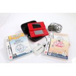 Nintendo DS Lite in red, together with Dr Kawashima's Brain Training, My Word Coach, More Brain