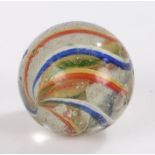 Large 19th Century Latticinio glass marble, in blue, white yellow, green and red, 37mm diameter