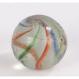 Large 19th century glass marble, solid core swirl, with bands in red, blue and green, 30mm diameter