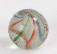 Large 19th century glass marble, solid core swirl, with bands in red, blue and green, 30mm diameter