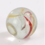 19th Century coreless swirl glass marble, with bands of white, red and yellow, 25mm diameter