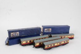 Hornby Dublo coaches, to include three D12 Corridor Coaches and a D20 Composite Restaurant Car (4)