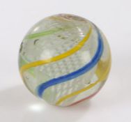 Large 19th Century Latticinio glass marble, in blue, white yellow and red, 30mm diameter