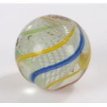 Large 19th Century Latticinio glass marble, in blue, white yellow and red, 30mm diameter