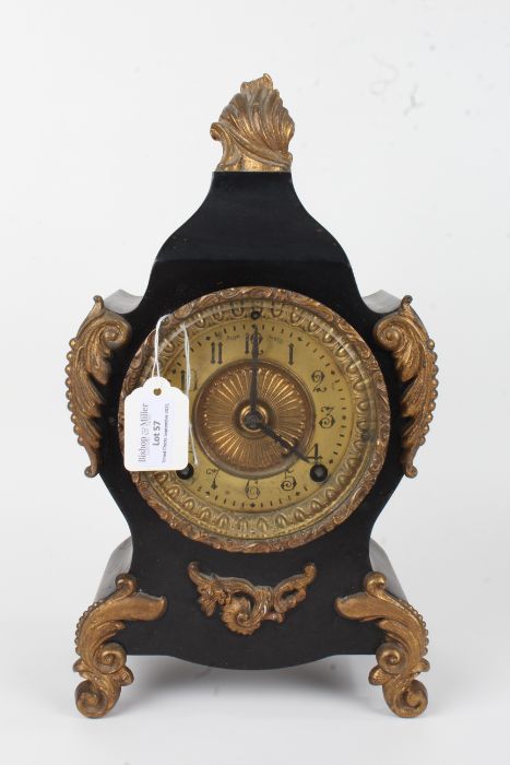 Ansonia Clock Co. slate effect mantel clock, the metal case with gilt scroll and flame effect