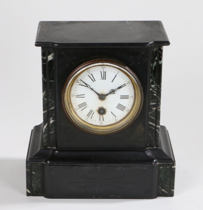 Slate and marble mantel clock, the white enamel dial with Roman numerals and Arabic minutes track,