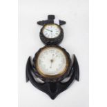 Nautical themed clock/ aneroid barometer, the white enamel clock dial with Roman numerals ,