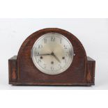 1930's oak cased mantel clock, with silvered dial and arabic numerals, 33cm wide
