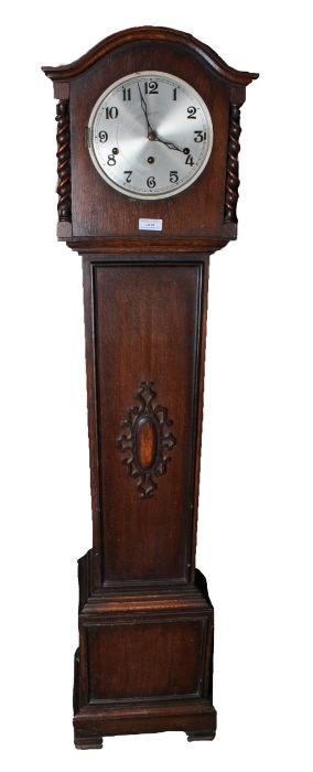 Oak cased grandmother clock, the arched hood with barley twist pilasters, the silvered dial with - Image 2 of 2