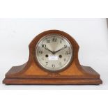 Edwardian Napoleon hat mantel clock, the silvered dial with Arabic numerals, the case with marquetry