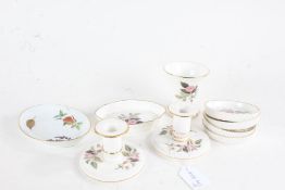 Royal Worcester set of four dishes, pair of Wedgwood Hathaway Rose candlesticks, dish and a vase,