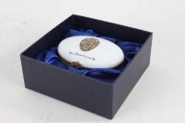 Faberge Limoges porcelain box, commemorating the Imperial fifteenth anniversary egg, having hinged