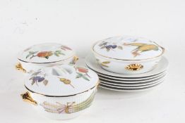 Royal Worcester Evesham porcelain ware, consisting of three serving dishes with lids, and six plates