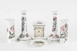 Pair of Portmeirion Botanic Garden pattern candlesticks, pair of vases, mantel clock, two pin