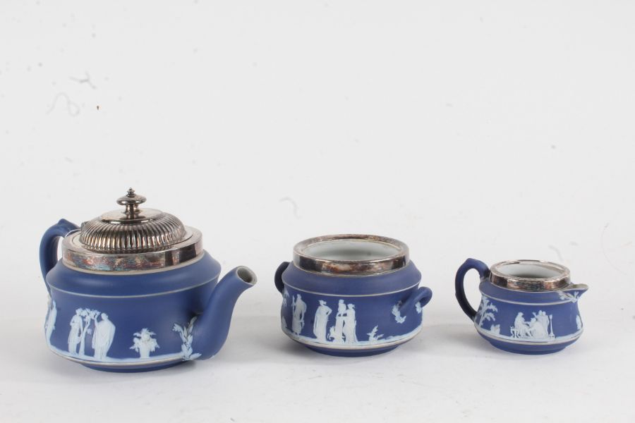 Wedgwood jasperware three piece teaset, with silver plated mounts (3)