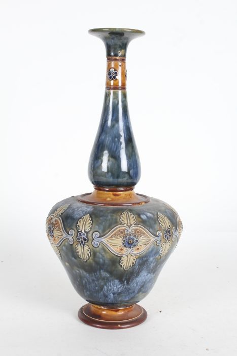 Royal Doulton vase, of baluster form, the marbled blue effect ground with raised scroll and