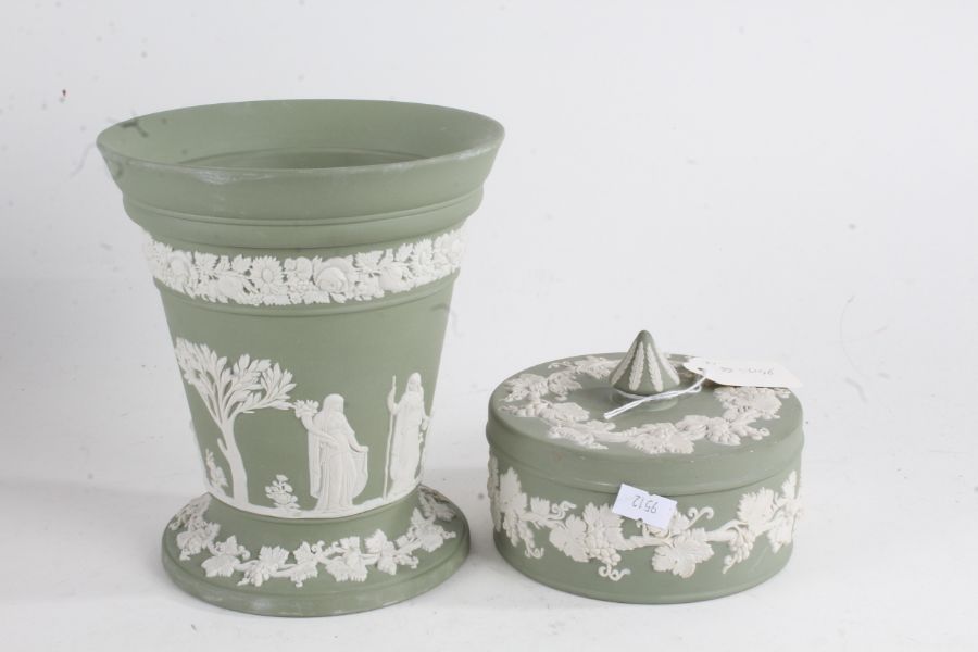 Wedgwood green jasperware flower vase and grid, in original box, Wedgwood green jasperware pot and