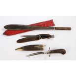 Early 20th century Kenyan Kikuyu Simi knife, crude, leaf shaped blade, held in wooden scabbard, hilt