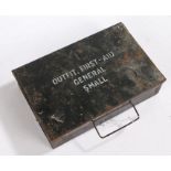 Second World War British First Aid case for vehicles, black painted tin with 'First Aid General'