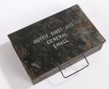 Second World War British First Aid case for vehicles, black painted tin with 'First Aid General'