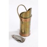Trench art scuttle, with swing handle, 20cm high, together with an 'Oil The Joints' military issue