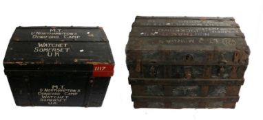 British Officers iron bound wooden trunk,lift off tray to linen lined interior, 'LT. J. MORGAN,