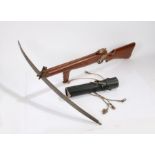 Crossbow, wooden stock and foregrip, metal limbs, string missing, untested, together with six wooden