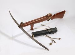 Crossbow, wooden stock and foregrip, metal limbs, string missing, untested, together with six wooden