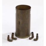 Brass starting shell case and four trench art boots formed from cartridge cases, (5)