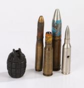 Selection of small calibre shell casings and projectiles, 20mm, etc, together with a Mills Bomb
