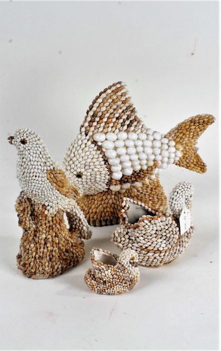 Shell mounted fish, bird, two swans, the largest 28cm high (4)
