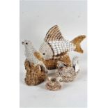 Shell mounted fish, bird, two swans, the largest 28cm high (4)