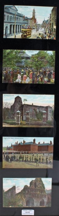 Five framed coloured Colchester postcards, High Street, Castle Park, The Castle, Colchester