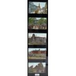 Five framed coloured Colchester postcards, High Street, Castle Park, The Castle, Colchester