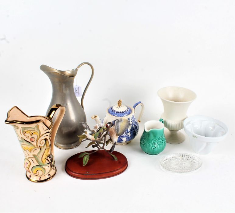 Mixed items, to include a silver plated jug, porcelain bird ornament, wooden cat, glass cruet