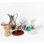 Mixed items, to include a silver plated jug, porcelain bird ornament, wooden cat, glass cruet