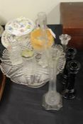 Glassware to include pair of green glass candlesticks, tazza, spill vases, basket etc. (qty)