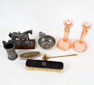 Works of art to include pewter taste de vin, small pewter measure, metal horse model, two glass