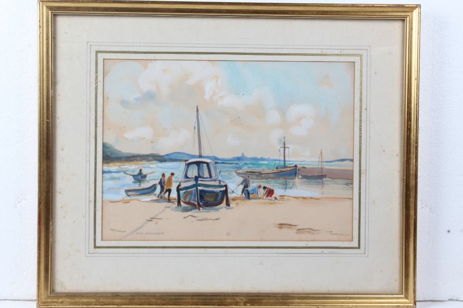 Jean Alexander, boats and figures on a beach, signed watercolour, housed in a gilt glazed frame, the - Image 2 of 2